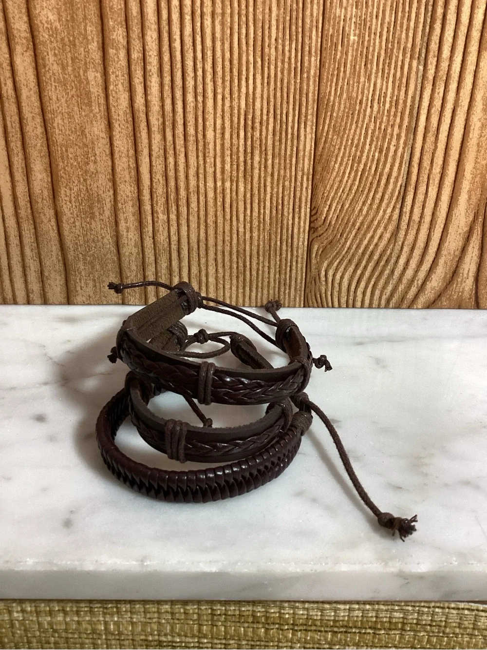 Men's Dark Brown Leather Braided Bracelet Set